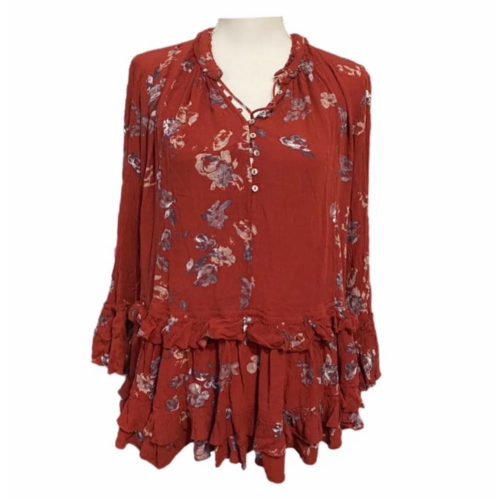 Free People Floral Boho Tunic Top along Sleeve